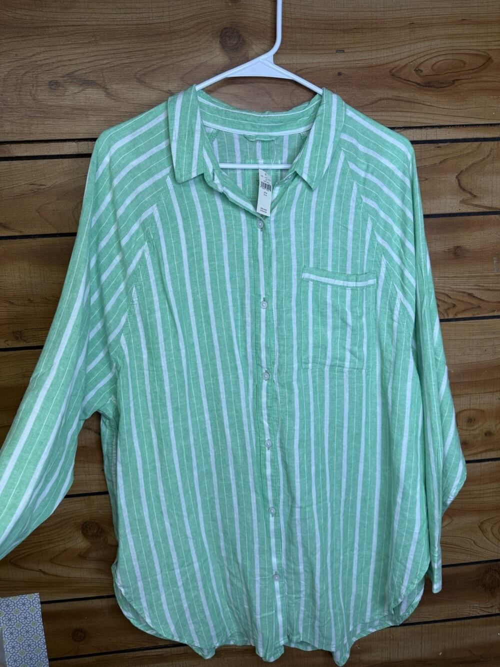 Aerie NWT Linen Blend Green Button Down Fisherman stripped Size Medium